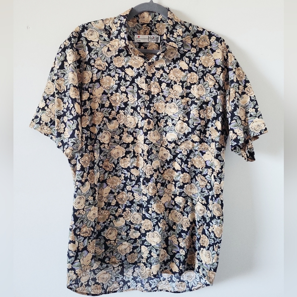 Vintage Floral Casual Button Down Shirt - Black and Cream